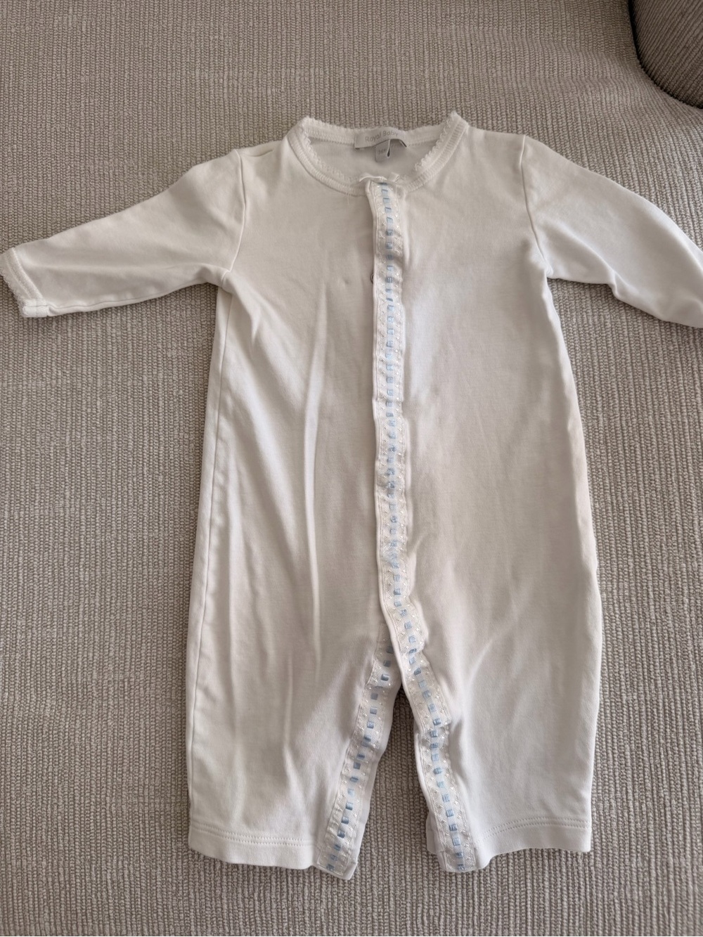 White Footless Baby Onsie with Blue Trim